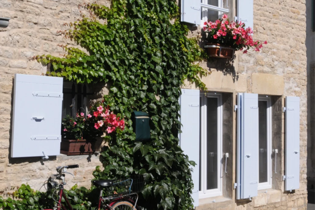 Maison de charme en pierre équipée de volets battants isolants gris clair Vue d'ici, avec fleurs et végétation.